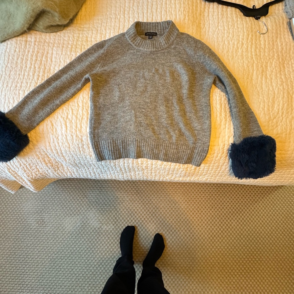 Saks Fifth Avenue Grey Sweater with Faux Fur Cuffs - Size M